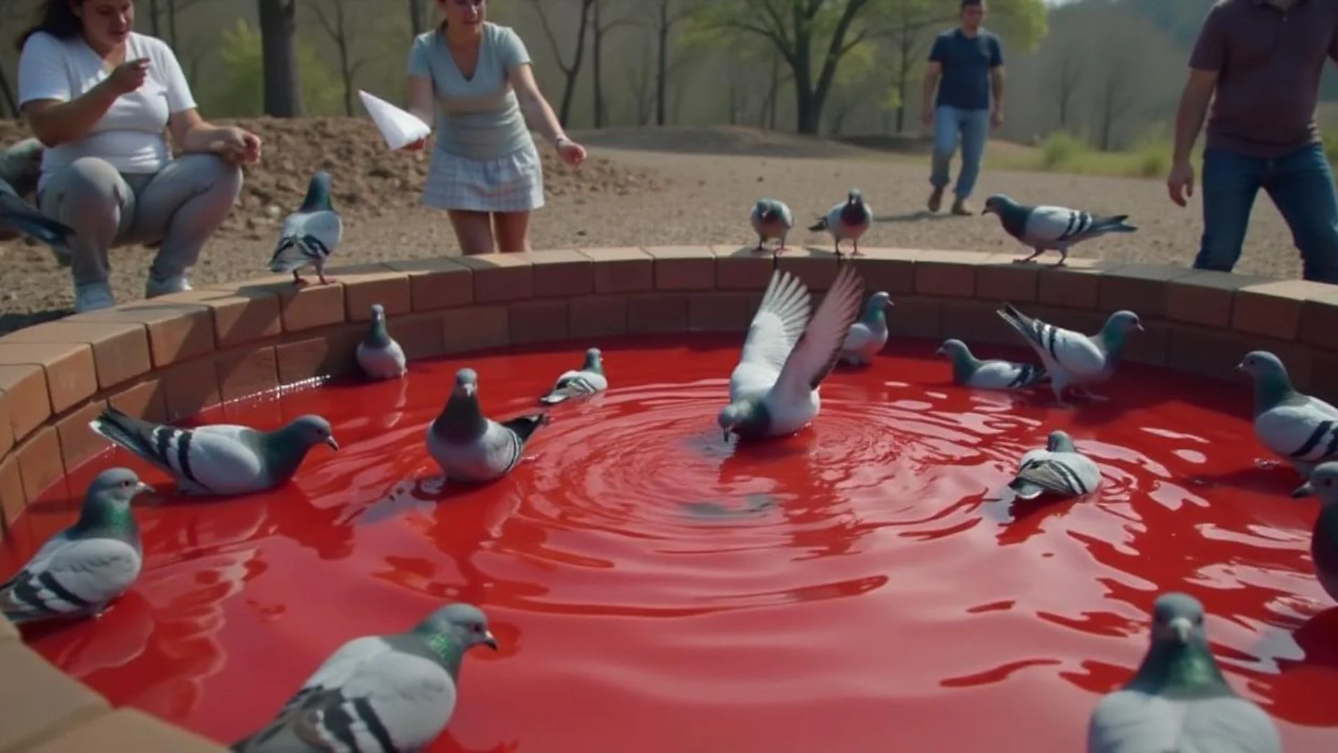 275 Pigeons Dive into a Pond Filled with Red Glue